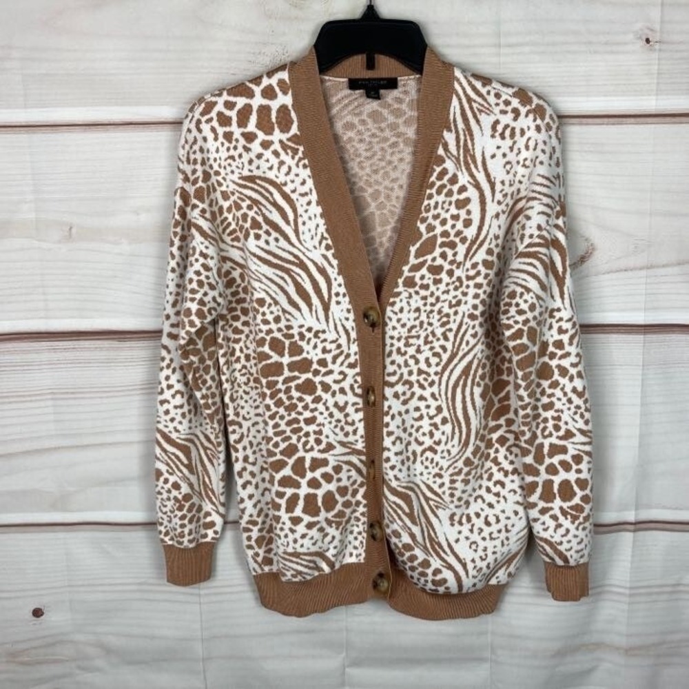 Ann Taylor Cardigan Womens PM Animal Print Button Up V-Neck Long Sleeve Sweater